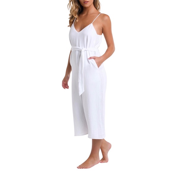 La Blanca Seaside White Gauze V Neck Cover Up Belted Jumpsuit Size Medium - Picture 5 of 8